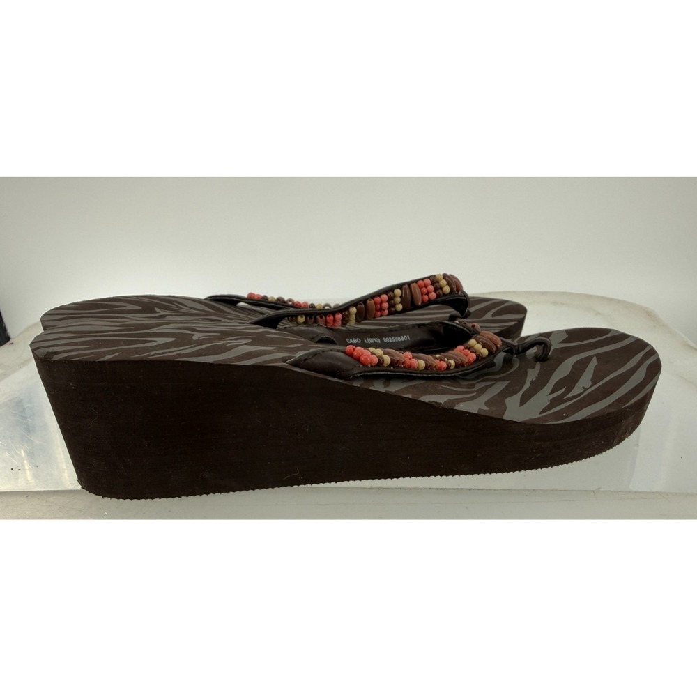 Y2K Beaded Platform Flip Flops Zebra Print Brown Coral Boho Beach Sandals L 9/10